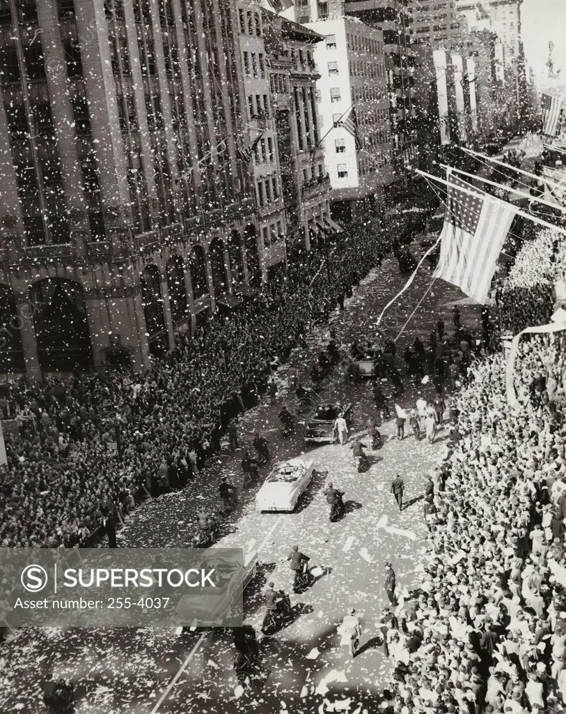 High angle view of a parade for General Douglas MacArthur, 5th Avenue, New York City, New York State, USA, April 1951