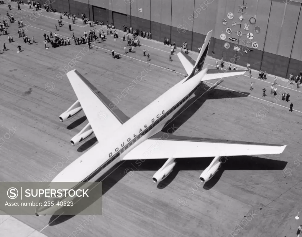 Aerial view of Douglas DC-8 airplane at airport