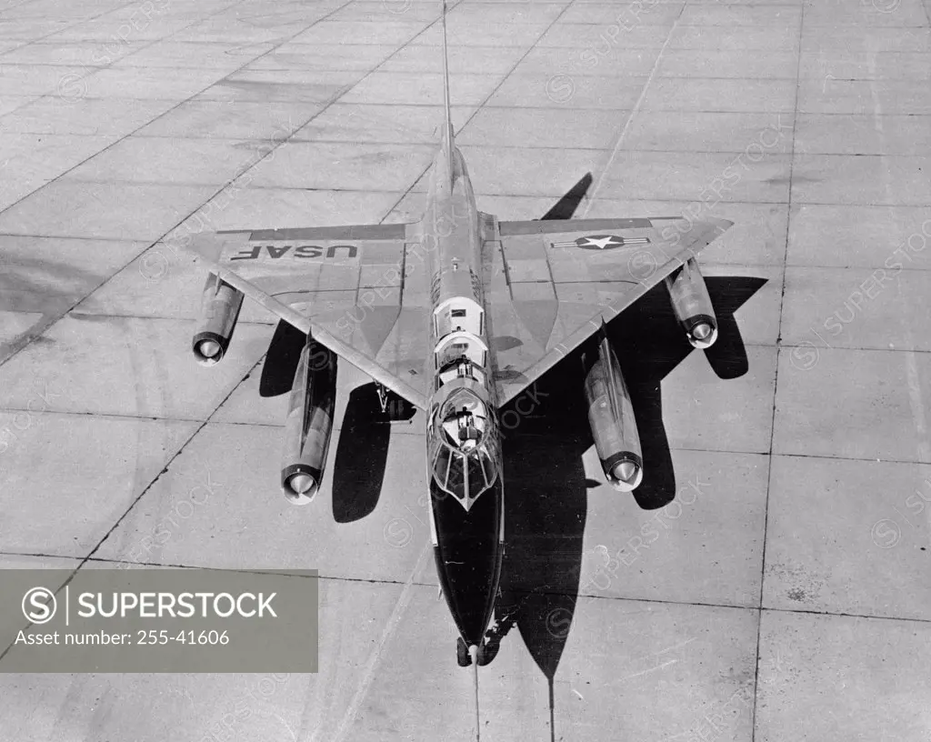 High angle view of a fighter plane on a military base, Convair F-102A Delta Dagger, Supersonic All-Weather Interceptor