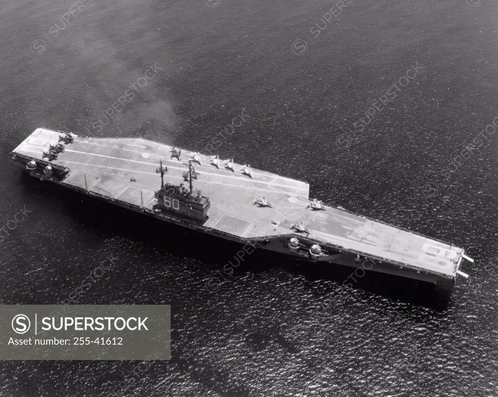 High angle view of an aircraft carrier in the sea