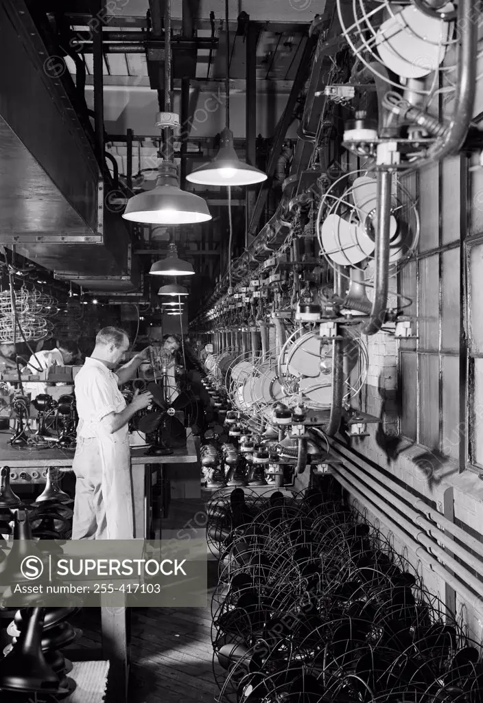 USA, Massachusetts, Springfield, Westinghouse Electric Corporation, View of fan assembly line