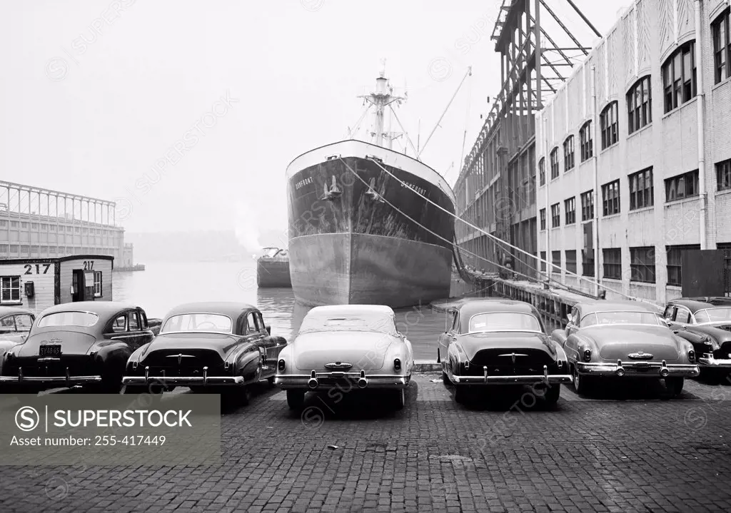 USA, New York City, cars parked in harbor