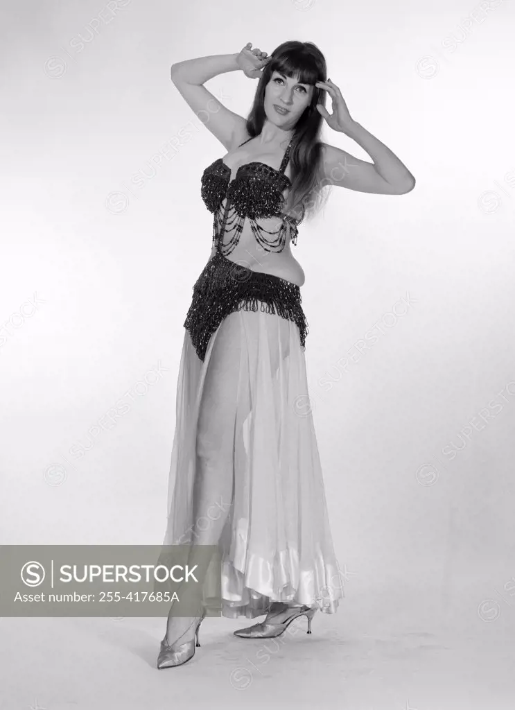 Portrait of young woman wearing belly dance outfit