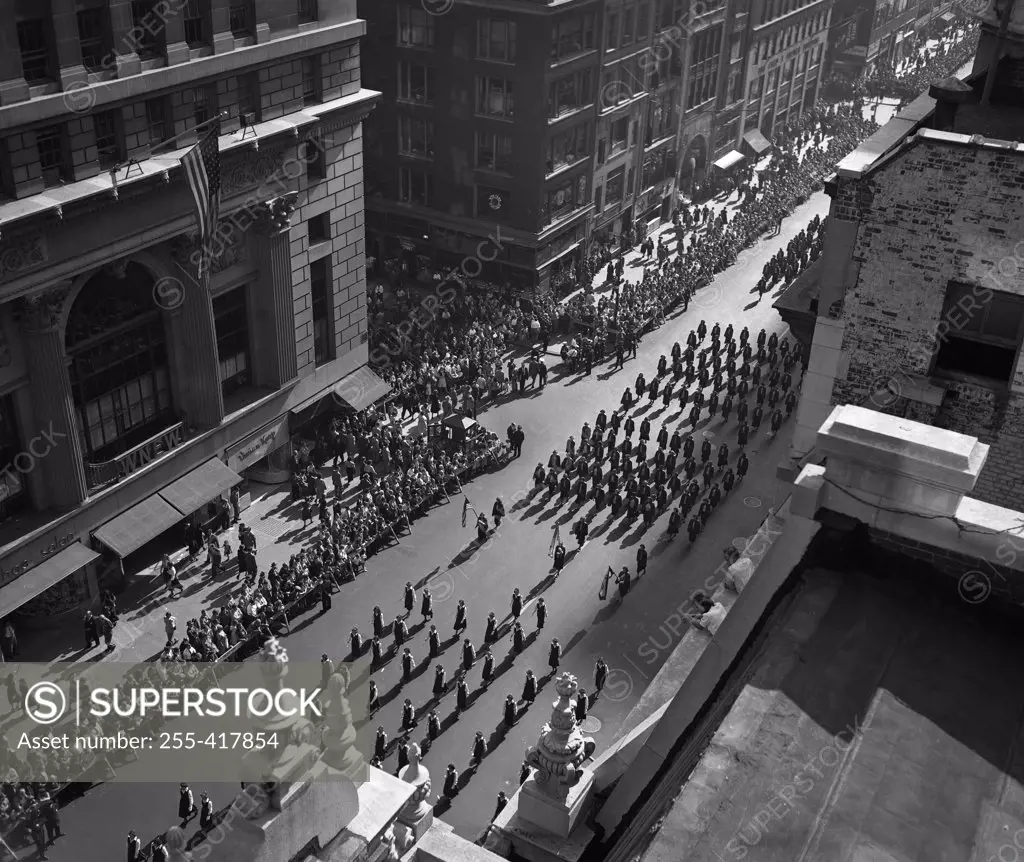 USA, New York State, New York city, Columbus Day parade, October 12, 1949, elevated view