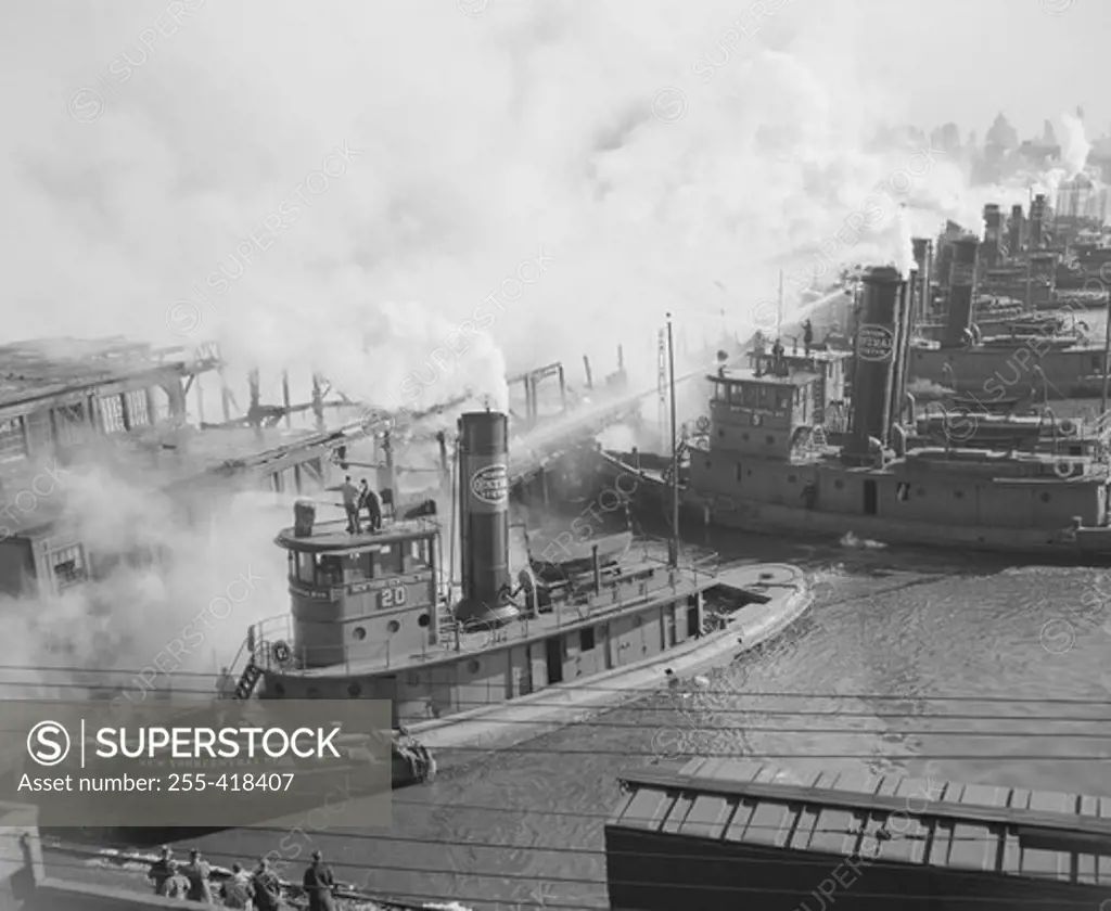 USA, New York State, New York City, Steam boats in the port, high angle view