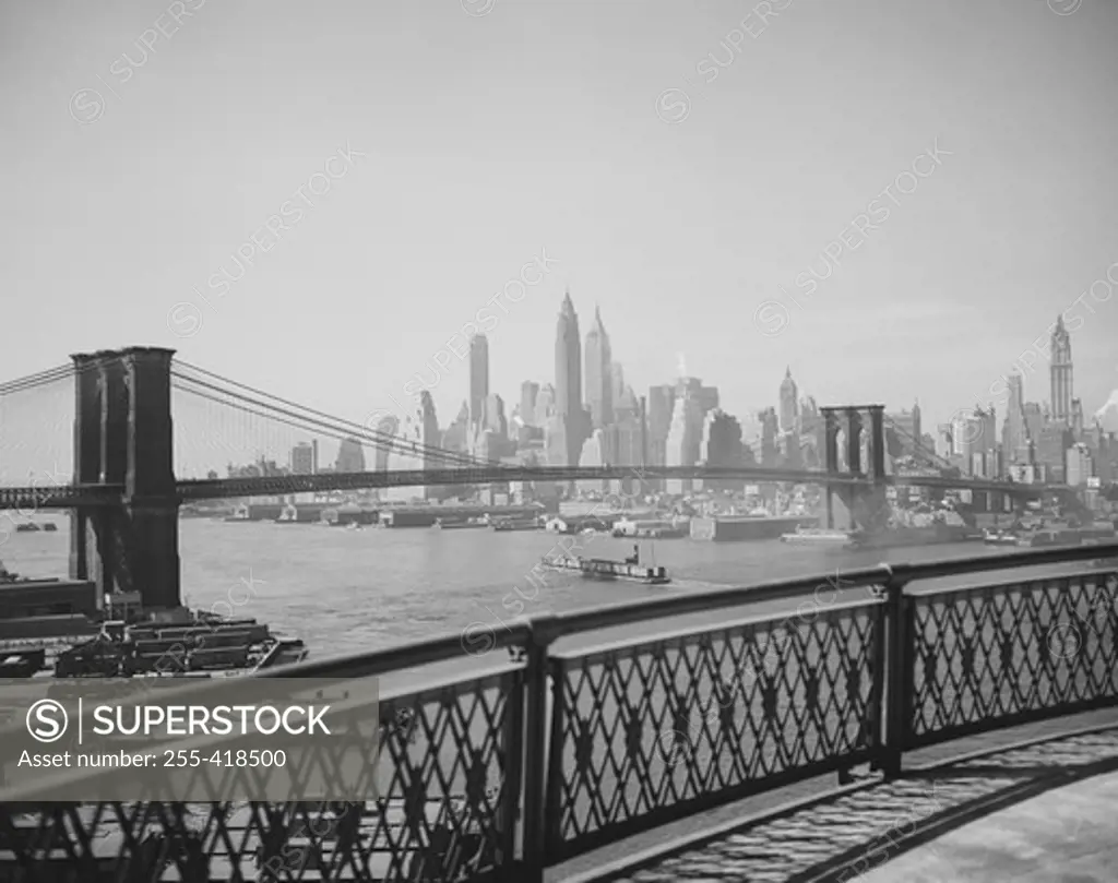 USA, New York State, New York City, Manhattan skyline with Brooklyn bridge, high angle view