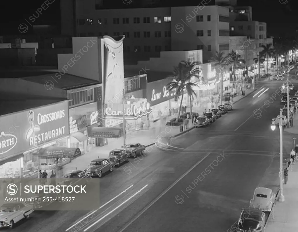 USA, Florida, Miami, night view of Lincoln Road showing restaurant and stores