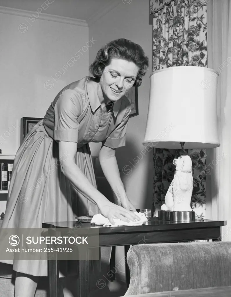 Mid adult woman cleaning a side table