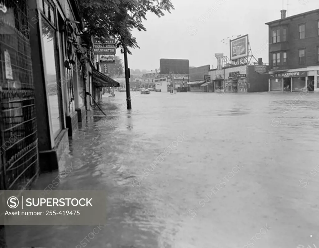 USA, Massachusetts, Worcester, Flooded business establishments at Webster Square