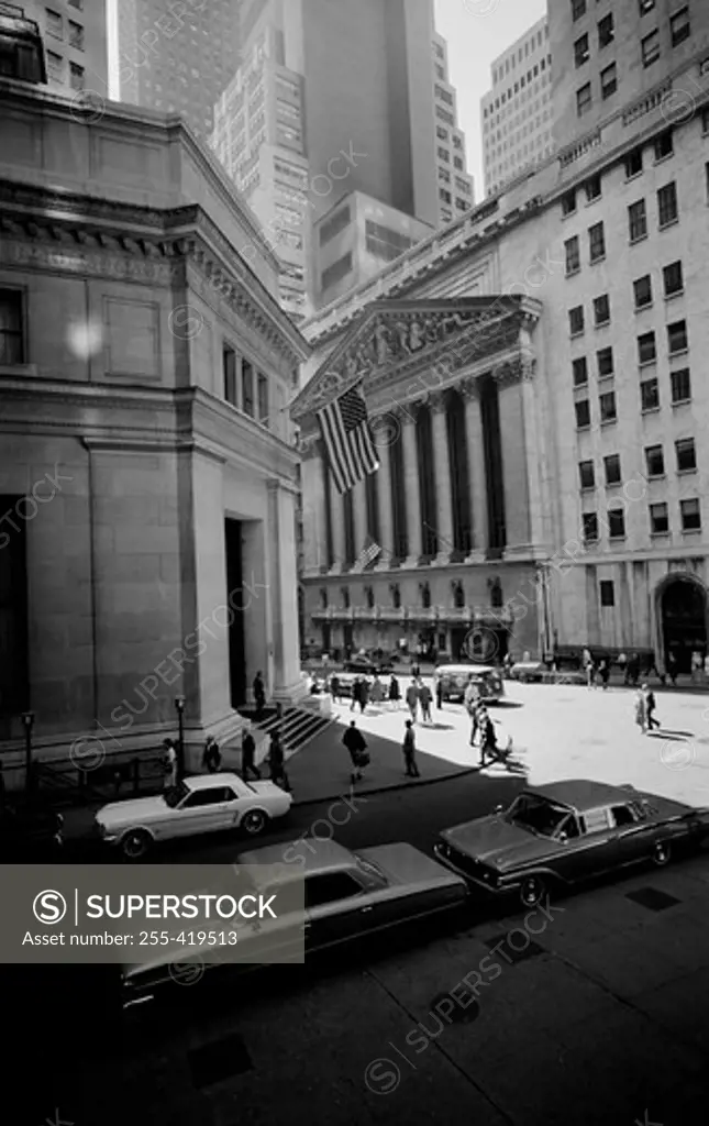 USA, New York City, New York Stock Exchange at Broad and Wall Streets, Morgan Trust building at left