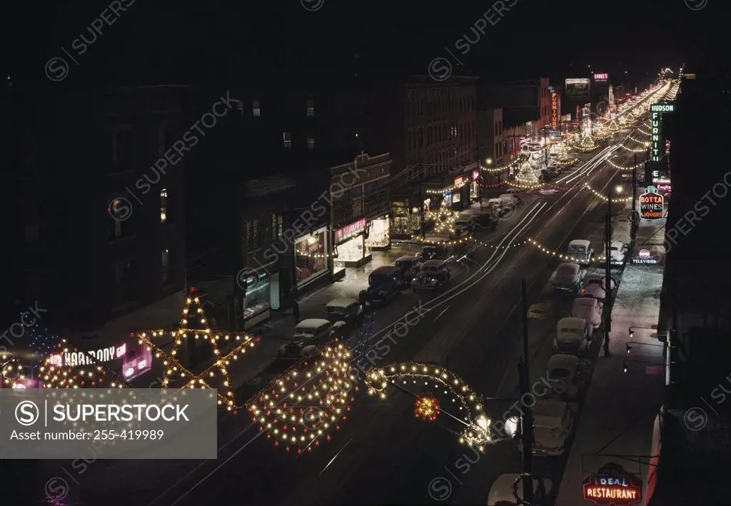 Street scene of Christmas decorations