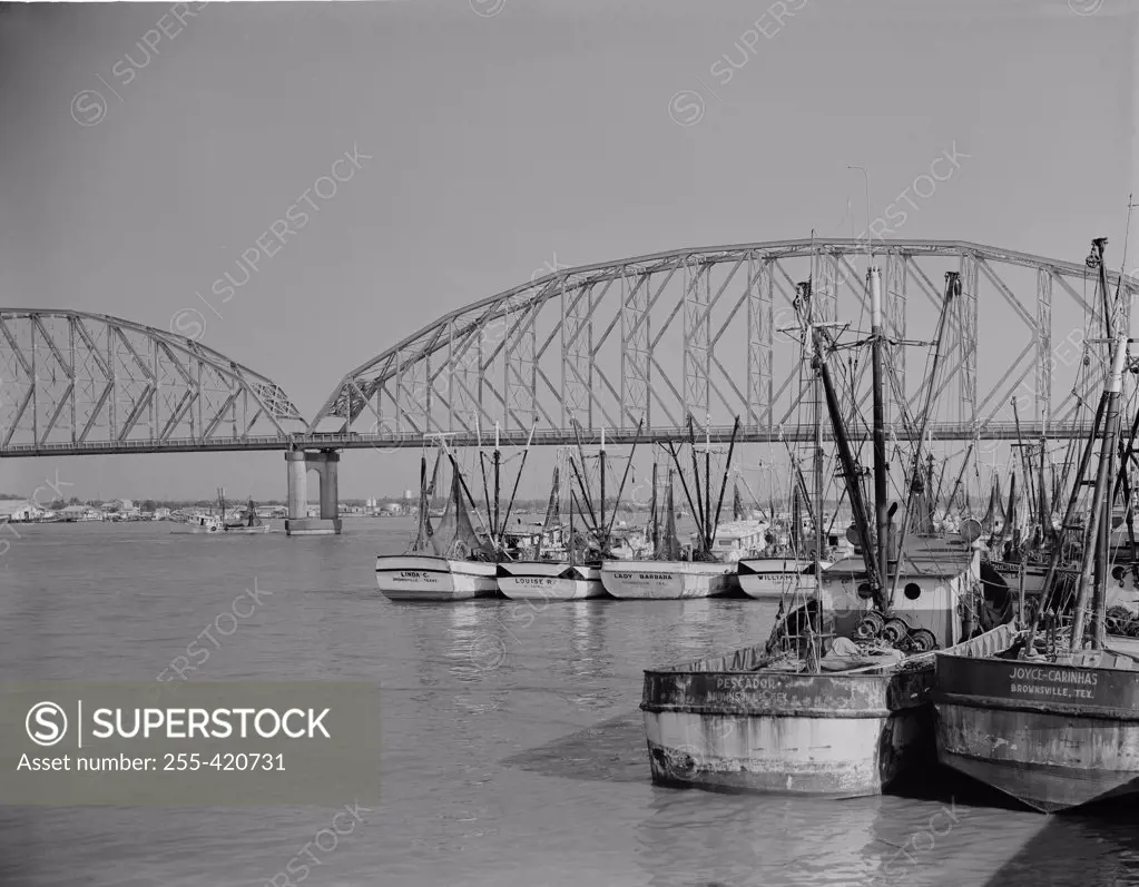 USA, Louisiana, Morgan City, Port with moored boats and bridge in the background