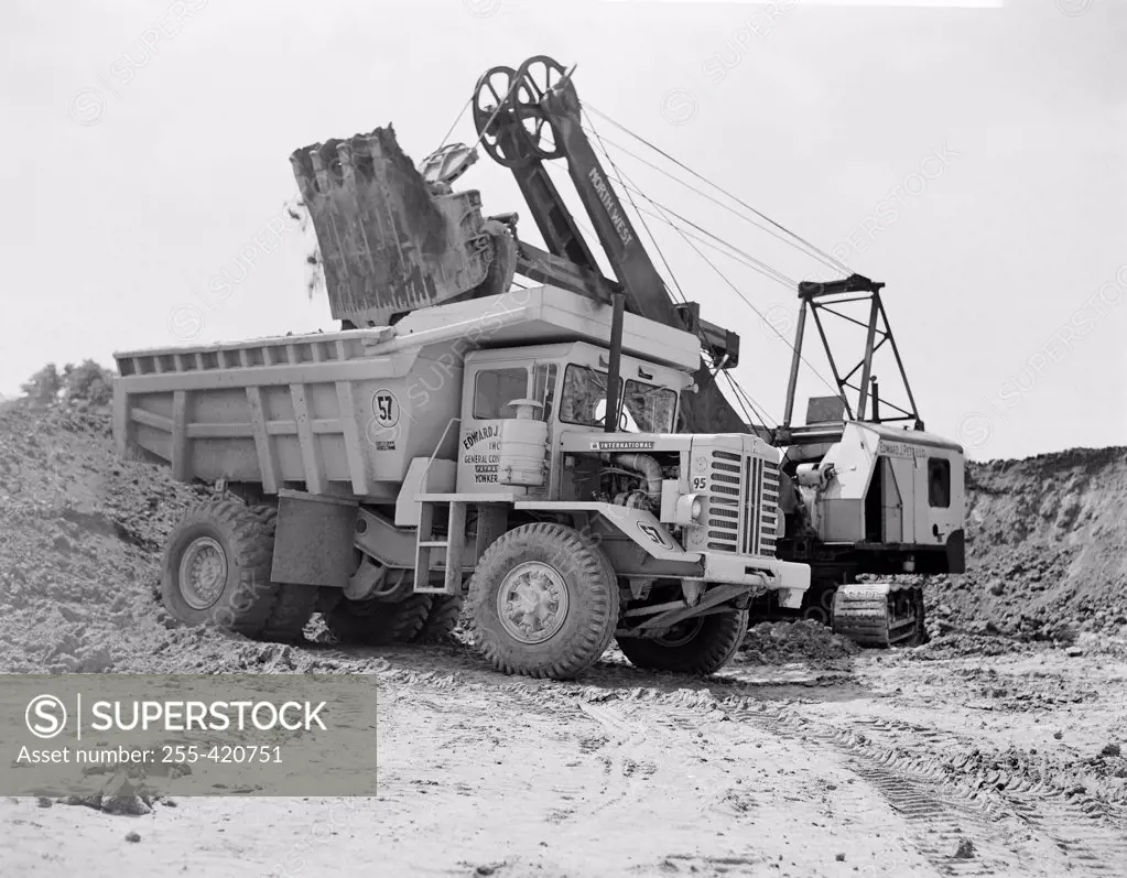 Earth mover putting soil on dump truck