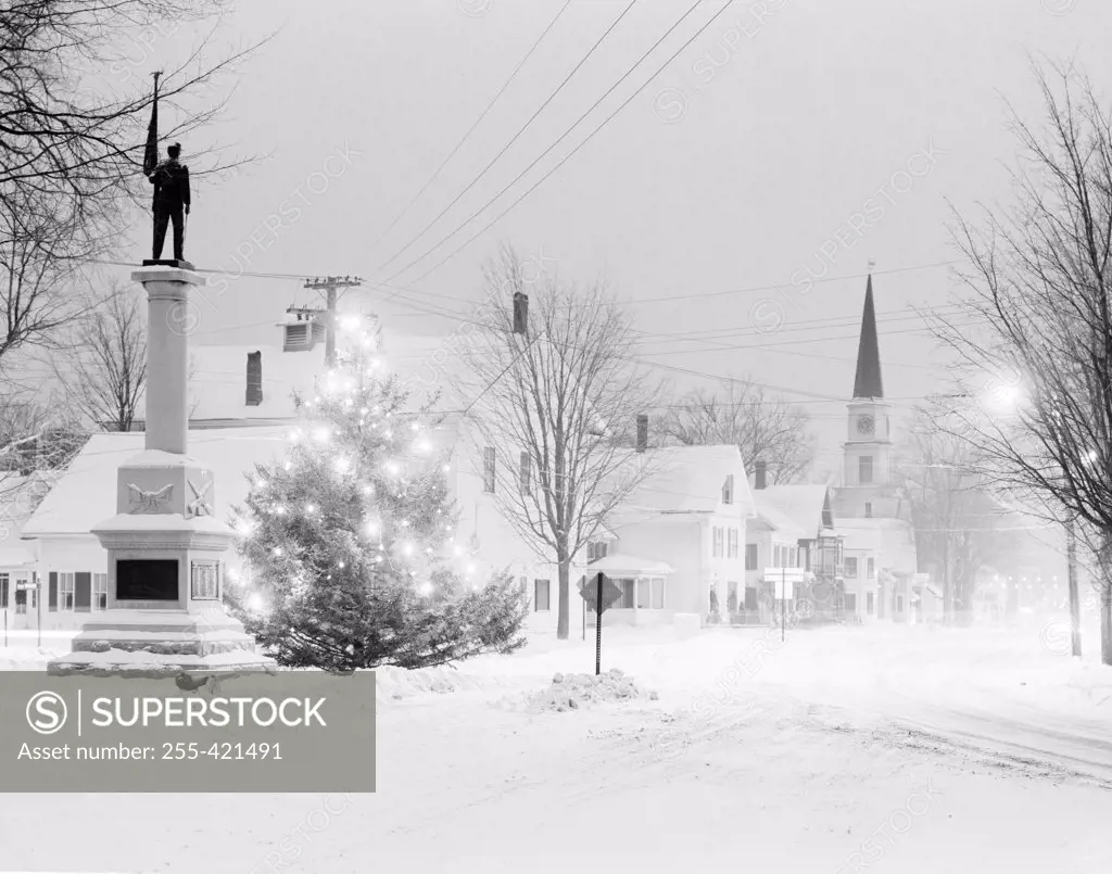 USA, Vermont, Morrisville, Winter night scene with Christmas tree