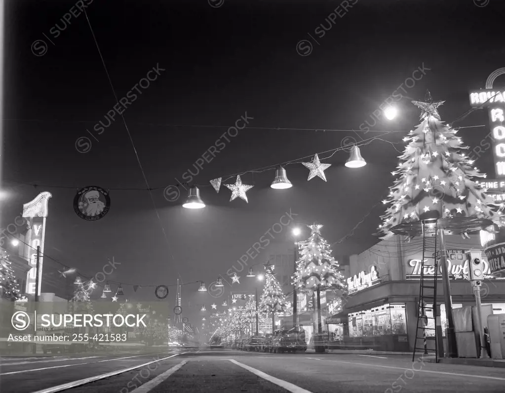 USA, California, Los Angeles, Hollywood, Hollywood Boulevard at night looking East showing Christmas lights