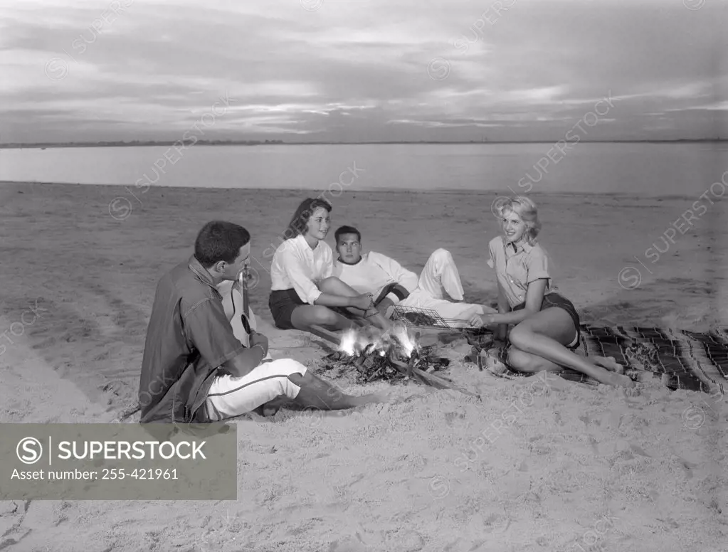 Group of young friends resting by bone fire on sandy beach