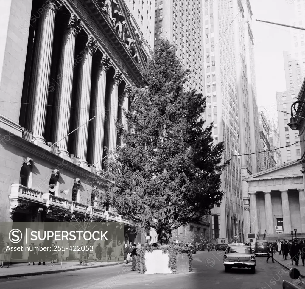 USA, New York City, Huge Christmas Tree in front of New York Stock Exchange