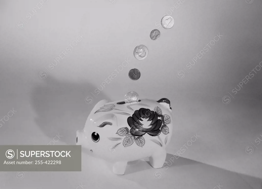 Coins falling into piggy bank
