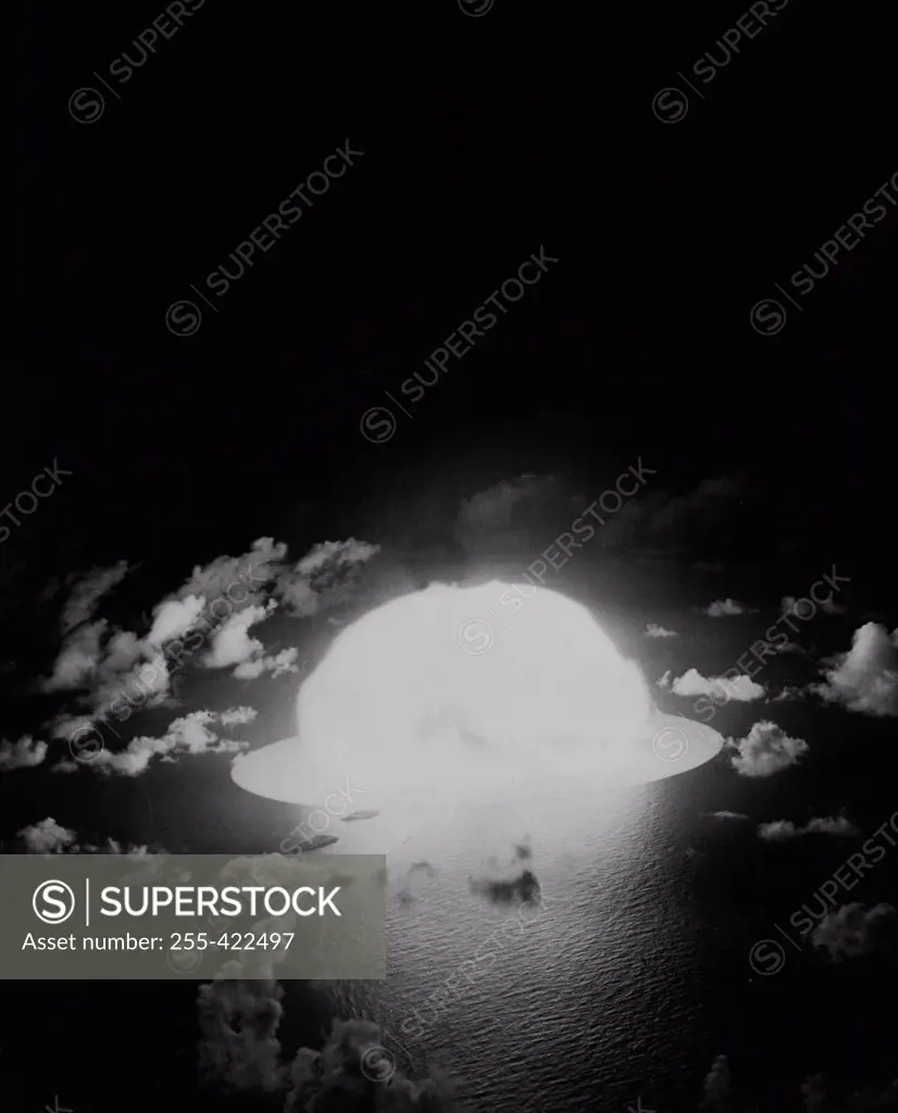 Eniwetok Atoll, beginning moments of nuclear detonation as seen from above the Eniwetok test site in 1951
