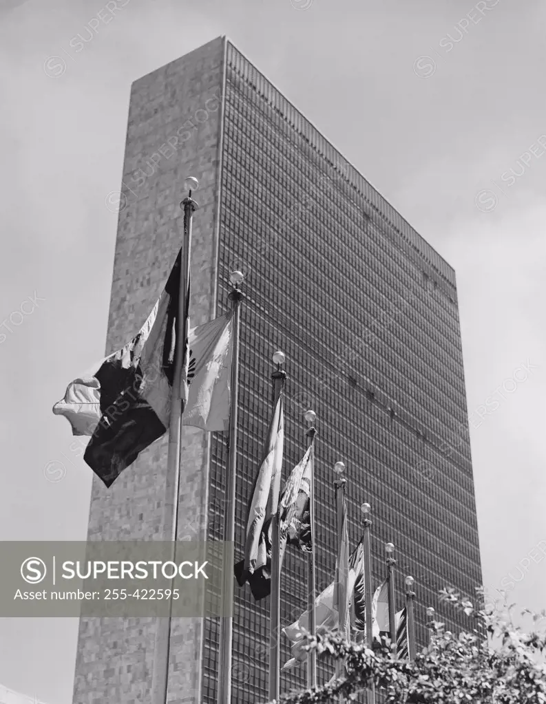 USA, New York City, Manhattan, United Nations Building, low angle view