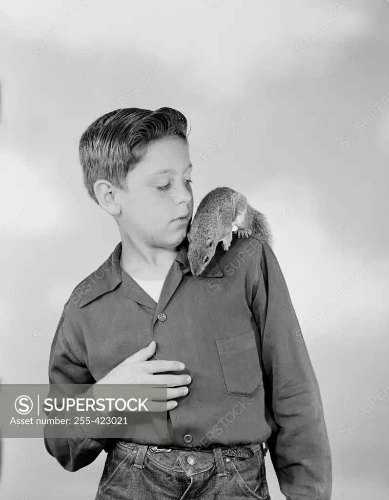 Boy playing with tamed squirrel