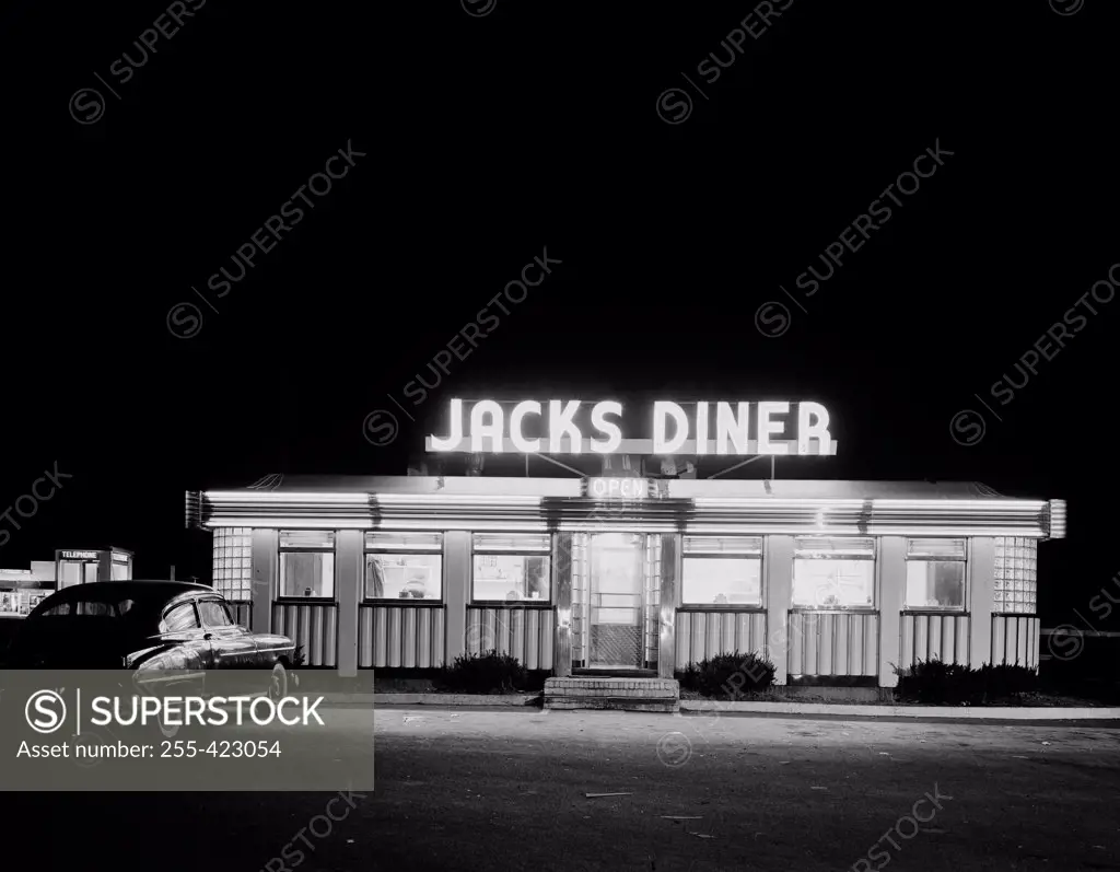 USA, New Jersey, Peramus, Modern diner off highway at night