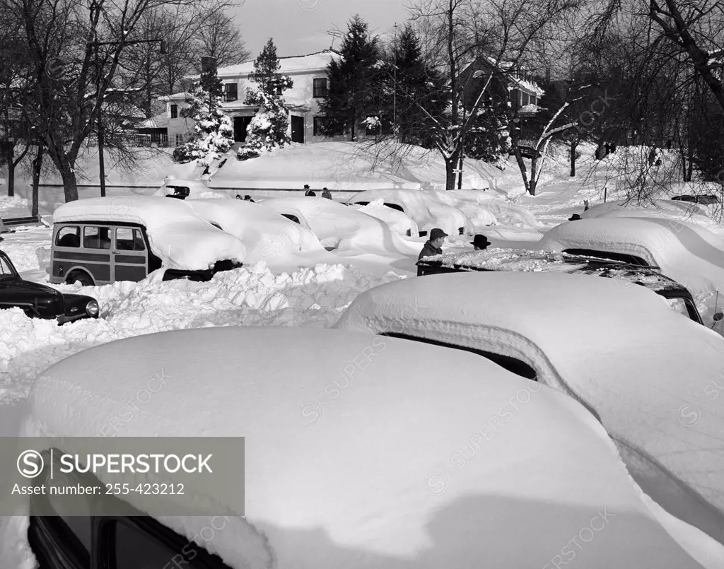 USA, Long Island, Flushing, cars buried in snow at great snow storm of December 26th, 1947