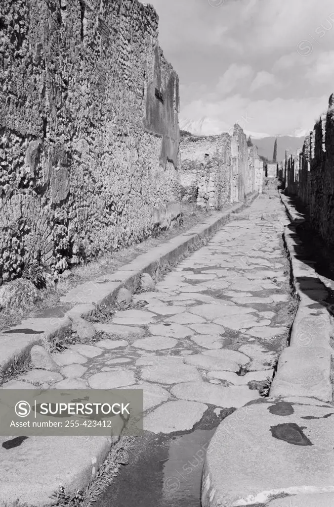 Italy, Campania, Pompeii, Old Roman road past ruins