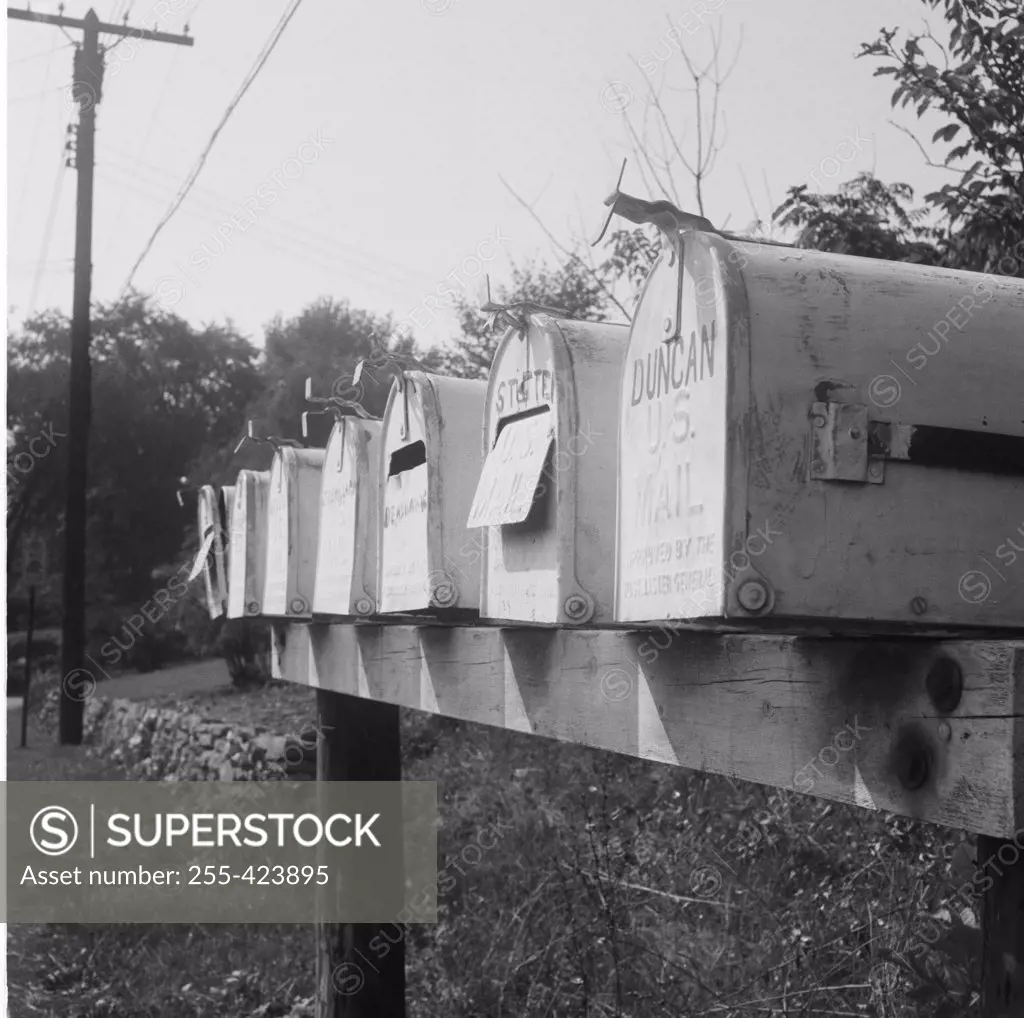 USA, Row of rural mail boxes