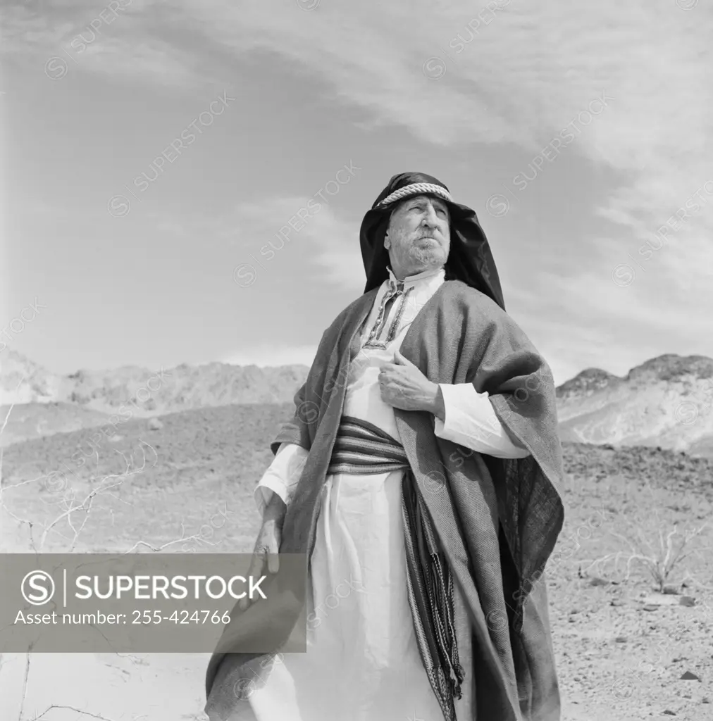 Portrait of Sheik in desert landscape