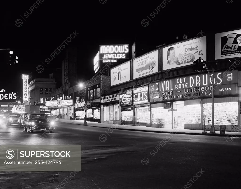 USA, New York State, New York City, Bronx, Night view of Fordham Road looking West