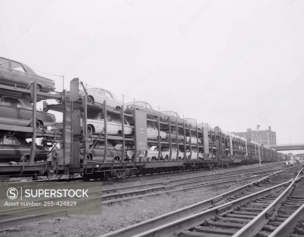 USA, Massachusetts, Worcester, Railroad freight cars with 1966 automobiles being shipped
