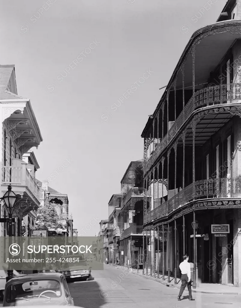 USA, Louisiana, New Orleans, French Quarter, looking down Royal Street with Heine House on right
