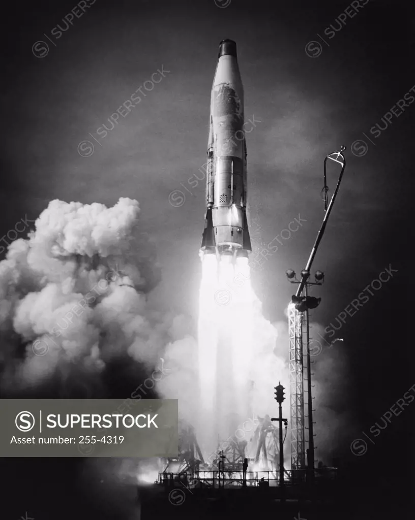 Missile taking off from a launch pad, Atlas Missile, Cape Canaveral, Florida, USA