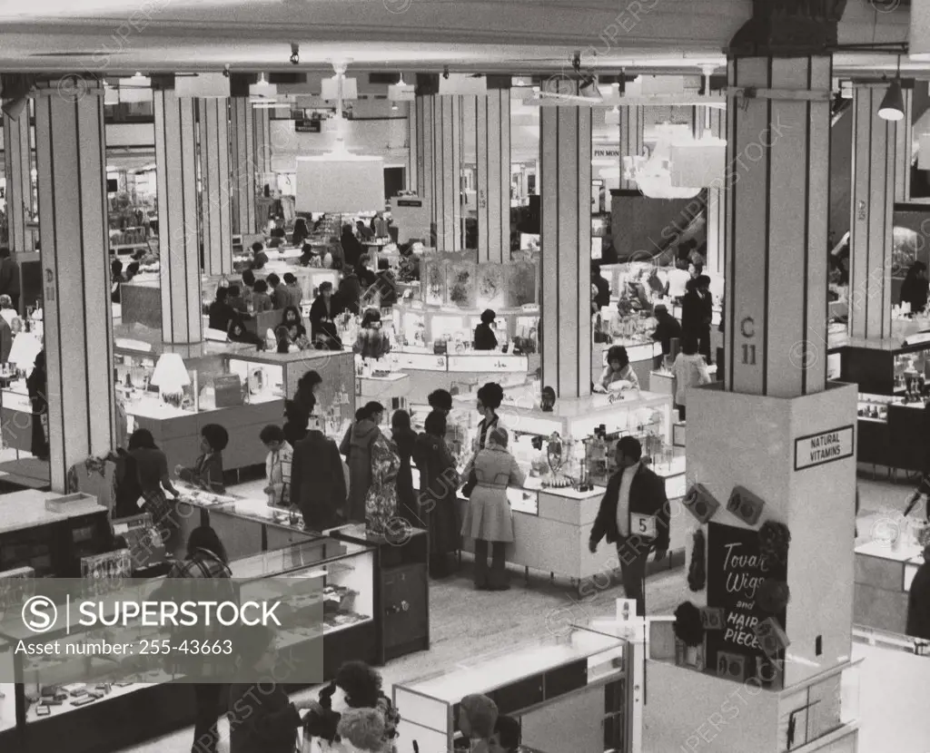 High angle view of a group of people shopping in a department store