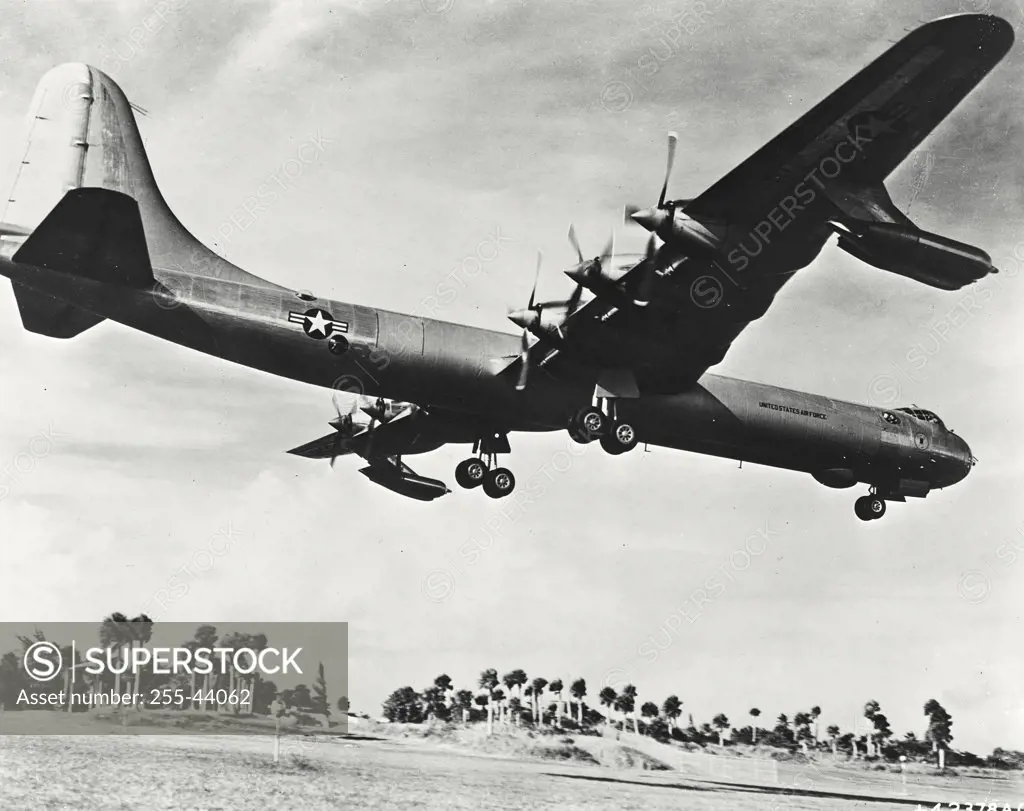 Vintage photograph. Low angle view of a ten-engine Convair B-36, world's first intercontinental bomber