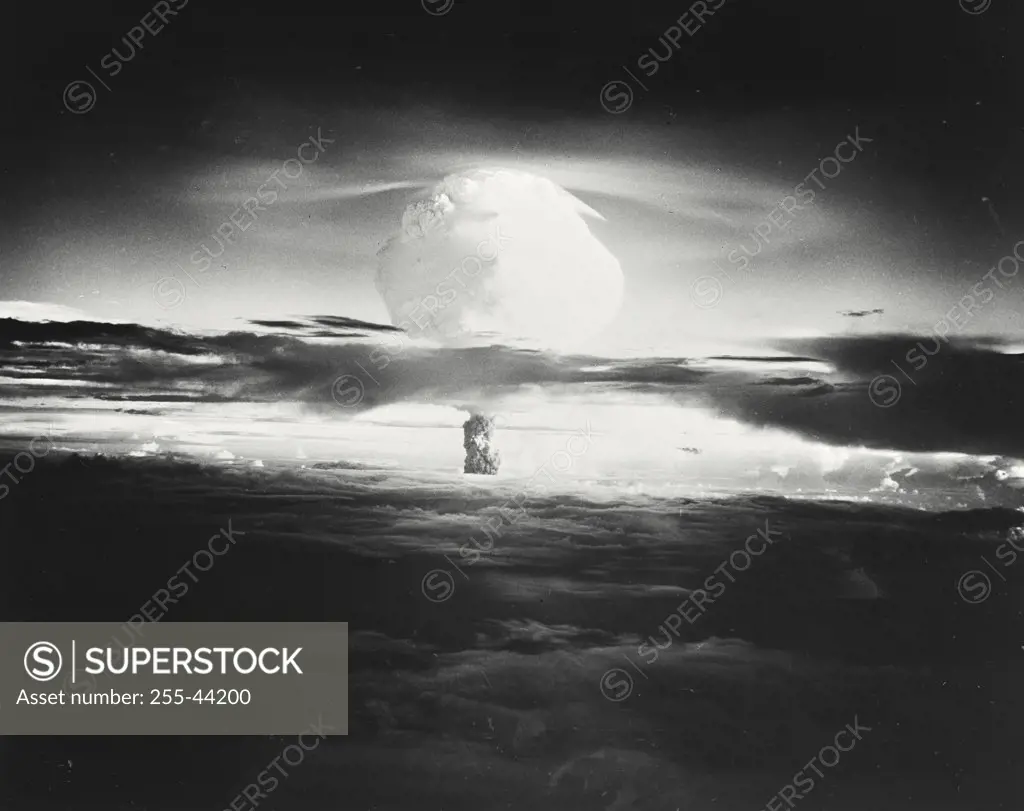 Vintage photograph. Hydrogen explosion in the Marshall Islands in the fall of 1952