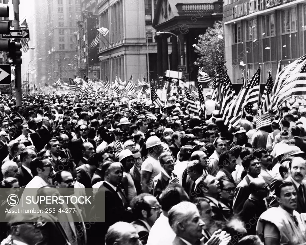 High angle view of a crowd in a rally, Wall Street, New York City, USA