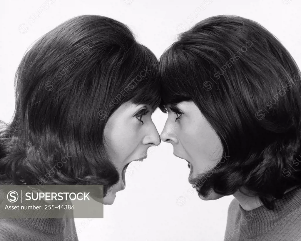 Side profile of twin young women face to face and shouting