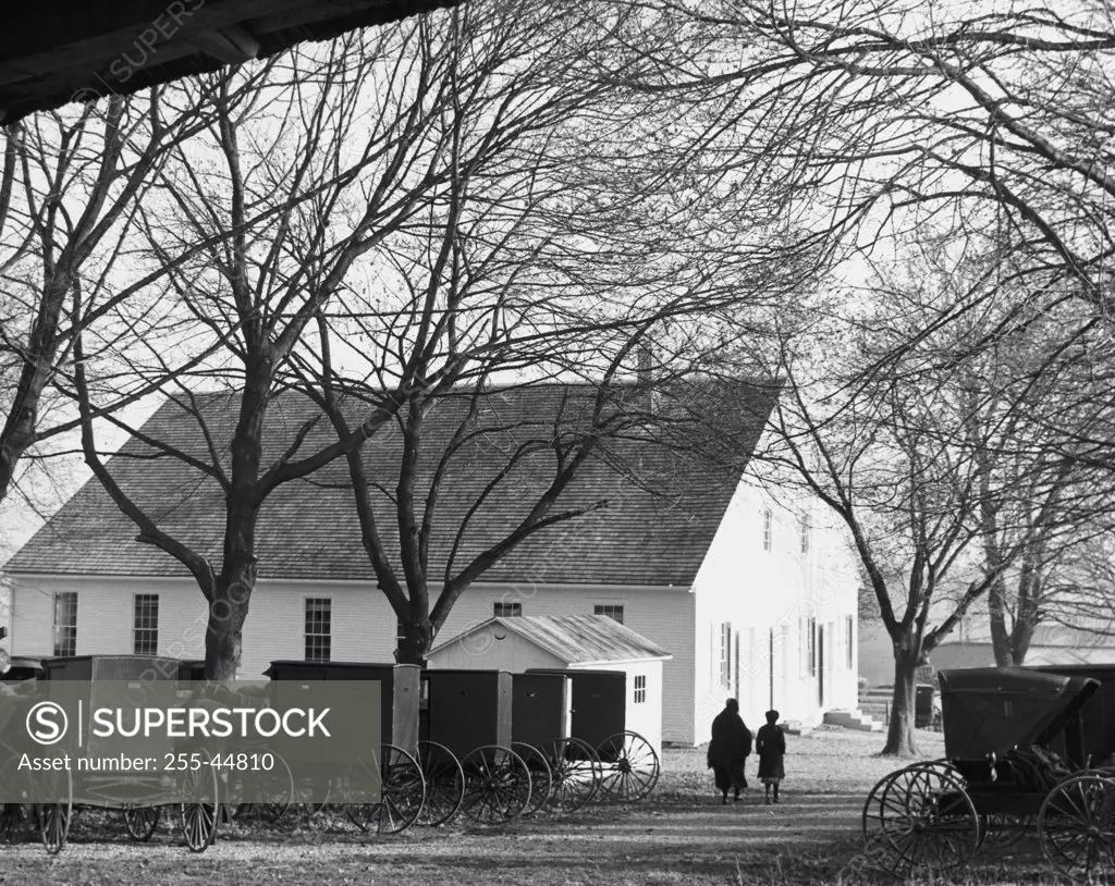 Horse carts near a church, Mennonite Church, Lancaster County, Pennsylvania, USA