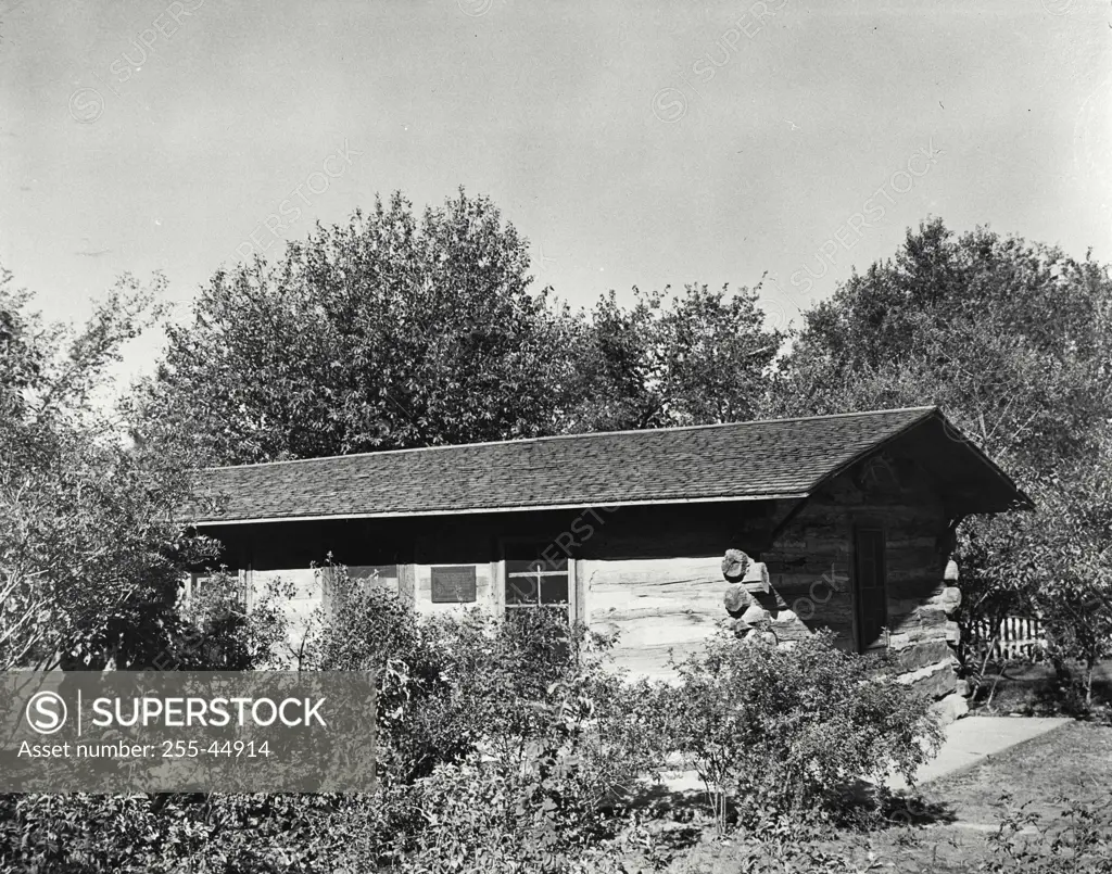 Vintage Photograph. Plants in front of a log cabin, Maltese Cross Cabin, Theodore Roosevelt National Park, Bismarck, North Dakota, USA