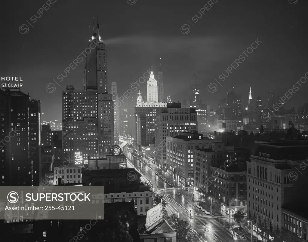 Vintage Photograph. Night view of Michigan Avenue north of the Chicago River, looking south from the Allerton Hotel Frame 2