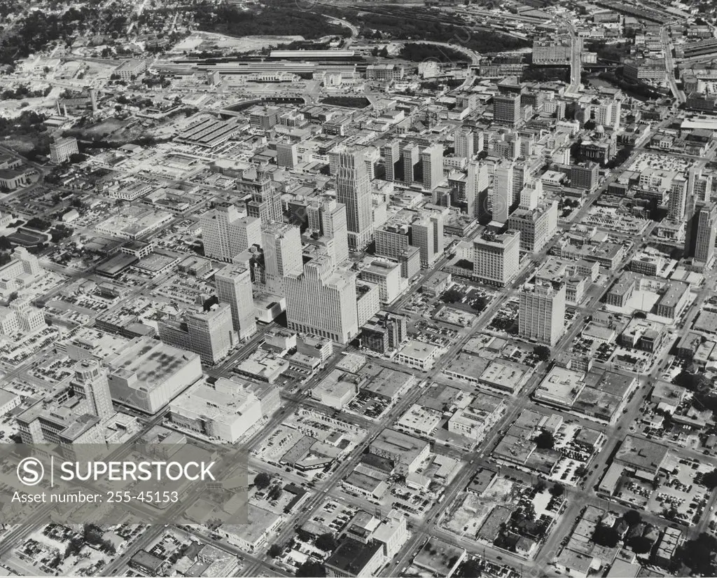 Vintage photograph. Aerial view of buildings in a city, Houston, Texas, USA