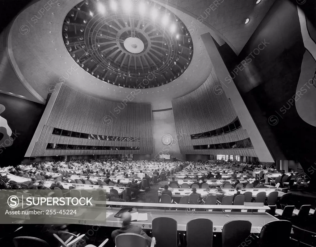 Interior of a conference hall, United Nations Building, New York City, New York State, USA