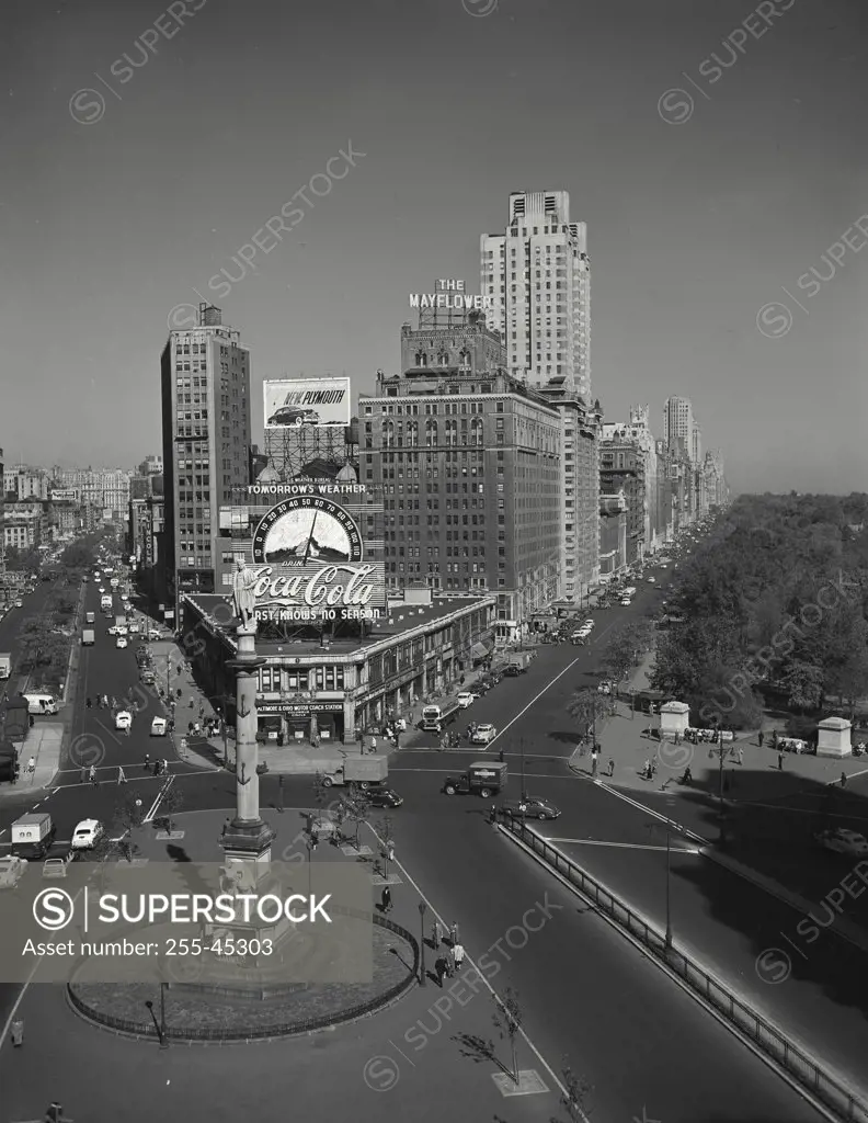 Vintage photograph. High angle view looking down on town square, Columbus Circle, Manhattan, New York City, New York, USA