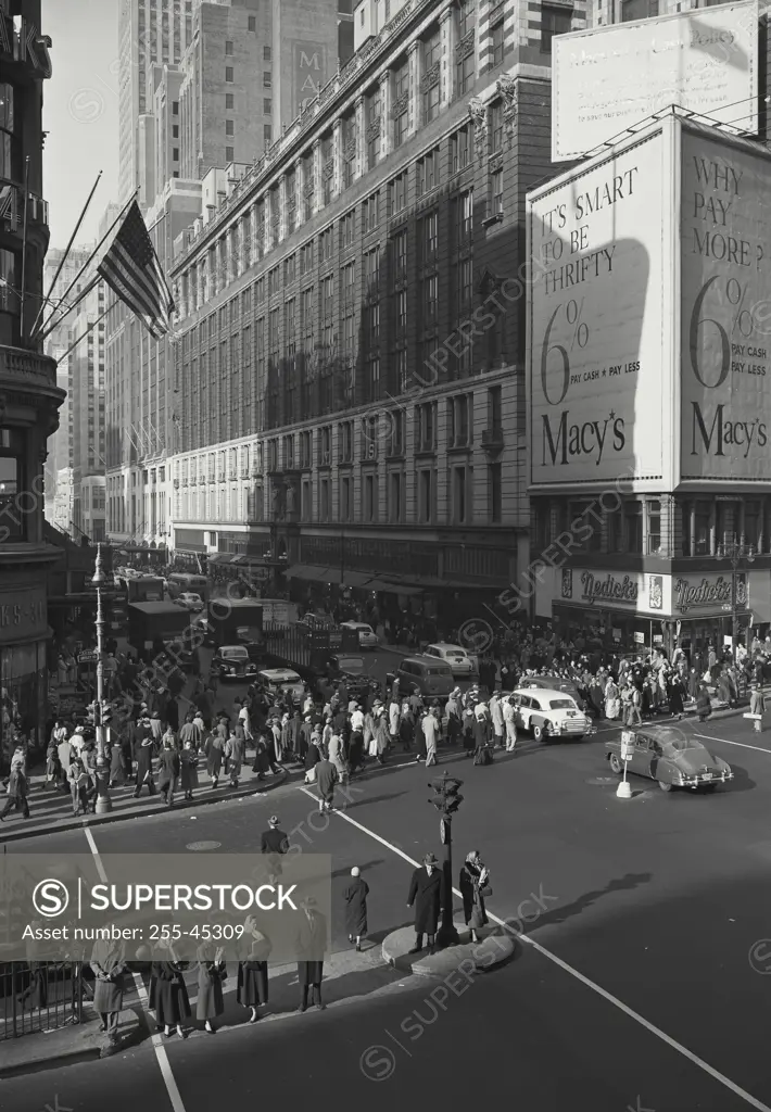 Vintage Photograph. Downtown New York City view of pedestrians in street