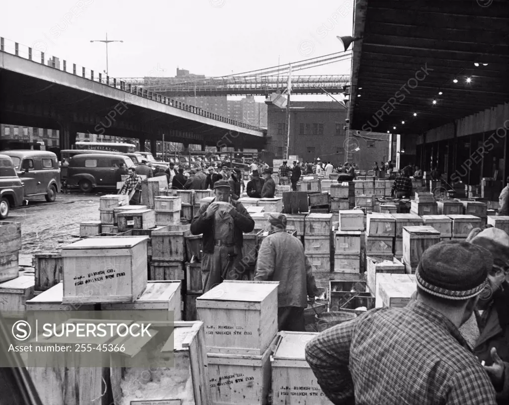 Containers at a fish market, Fulton Fish Market, New York City, New York State, USA