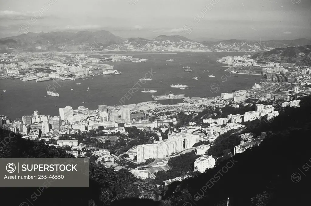 Vintage Photograph. Overall view of the city of Hong Kong and harbor from "The Peak"