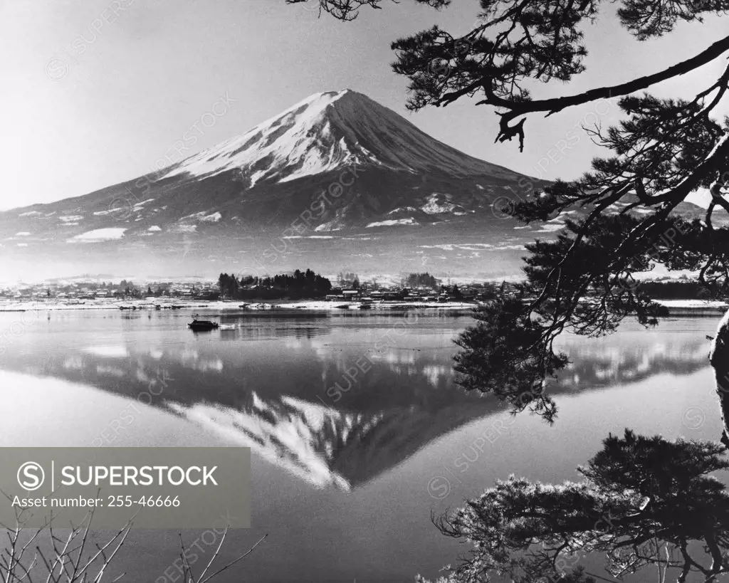 Reflection of a mountain peak in a lake, Mount Fuji, Japan