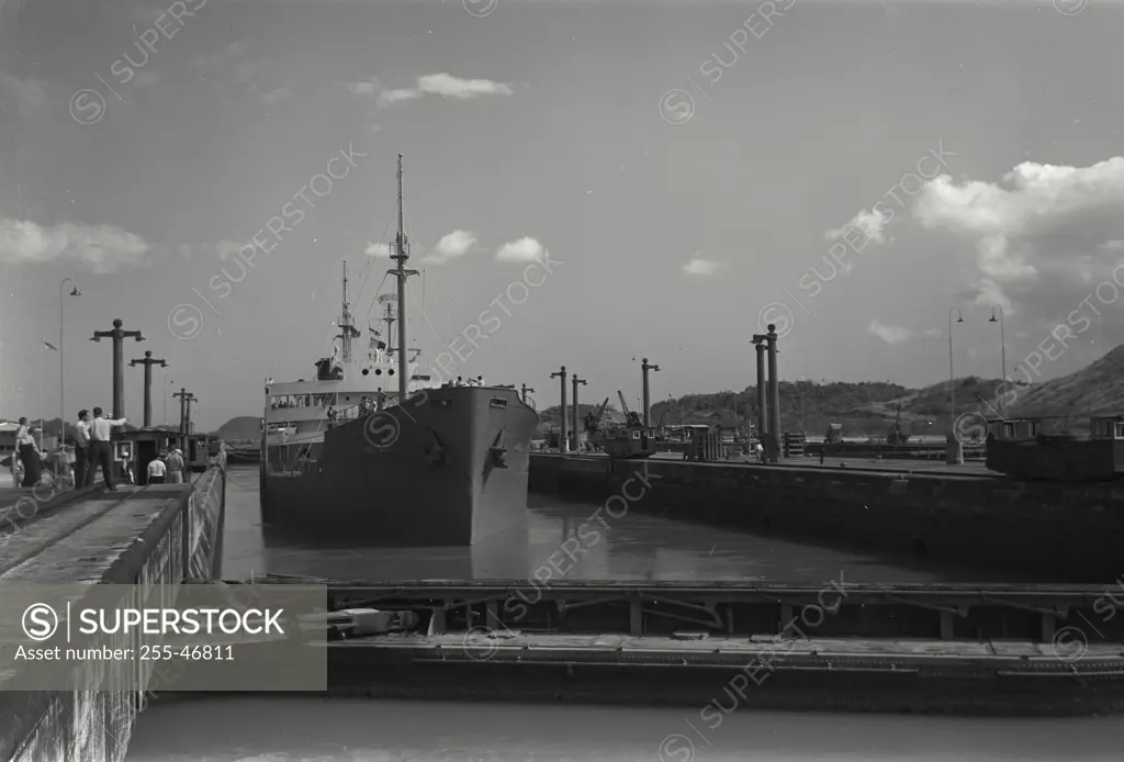 Vintage Photograph. Tourists watching ships come through Panama Canal. Frame 2